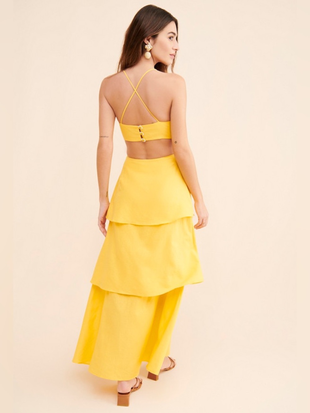FARM Rio Bright Yellow 3D Floral Tiered Midi Dress - Picture 2 of 4